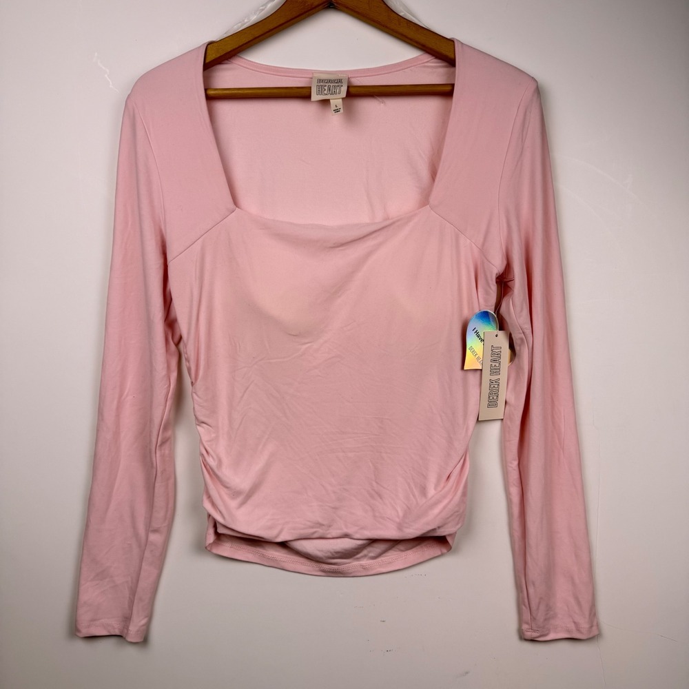 Derek Heart Pink Square Neck Long Sleeve Ruched Top with Built-in Bust Cups L
